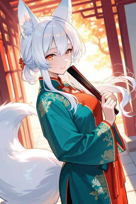 Beauty，mature，Sexy， White Long Hair，wears a Chinese costume ，With fox tail and fox ears，Holding a Chinese folding fan，outdoor background 