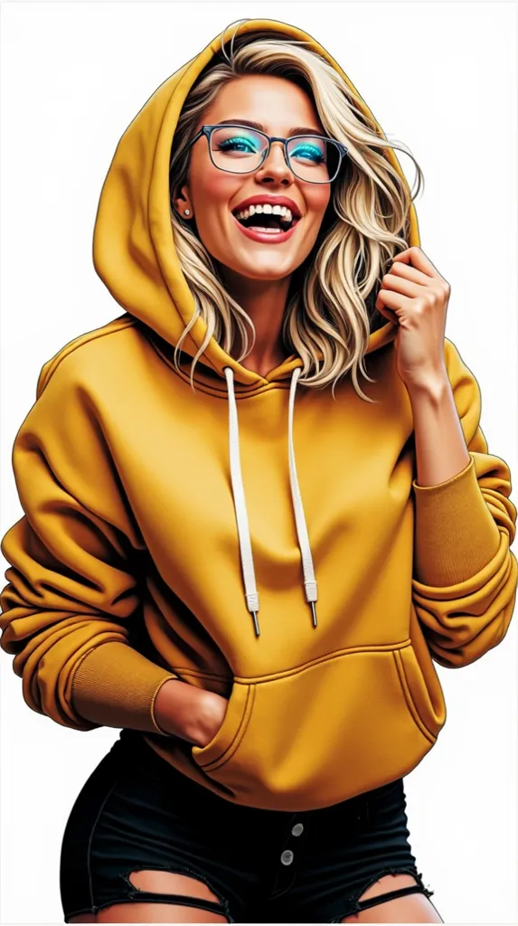 A stunning  image of a modeable, blonde woman in yellow hoodie and glasses, Cheerfully laughing. The artwork radiates realism, presentation of artistic skills at the highest level. The character's outfit is trendy and modeable, with a playful yet sophistic...