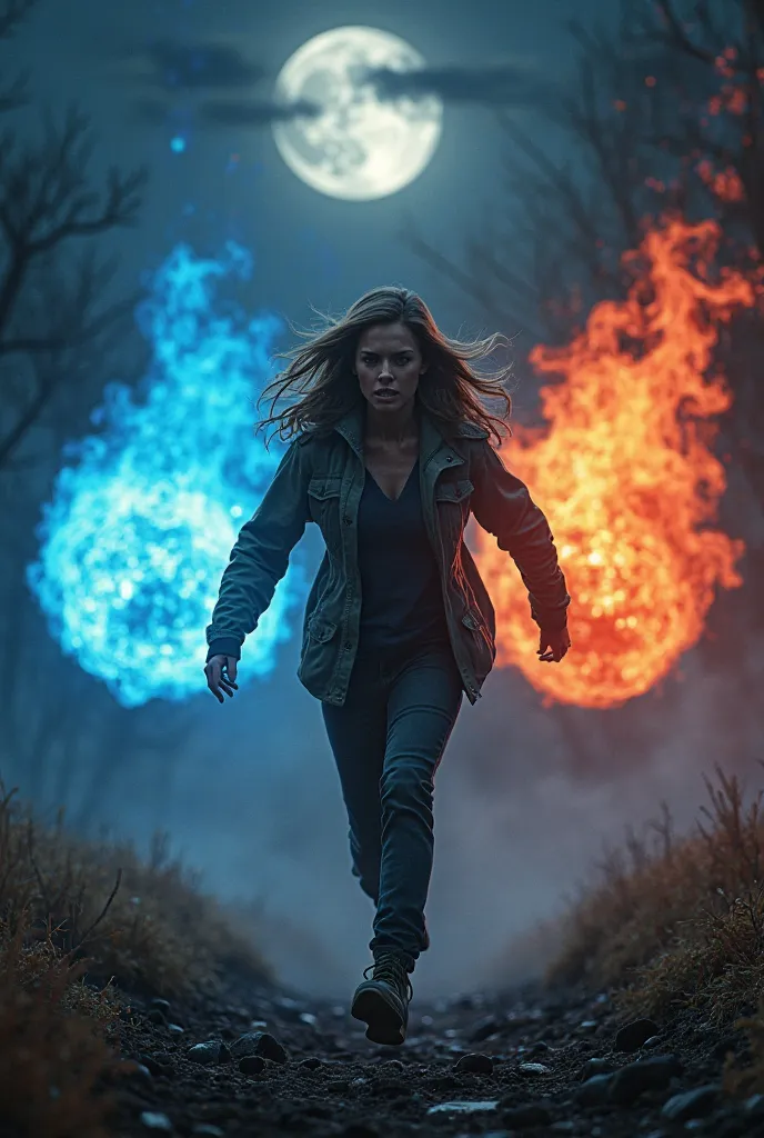 Blue and red fireball flying, persiguiendo a running woman huyendo, photorealism, running woman, fire ball. dark night,  Full Moon, fireball