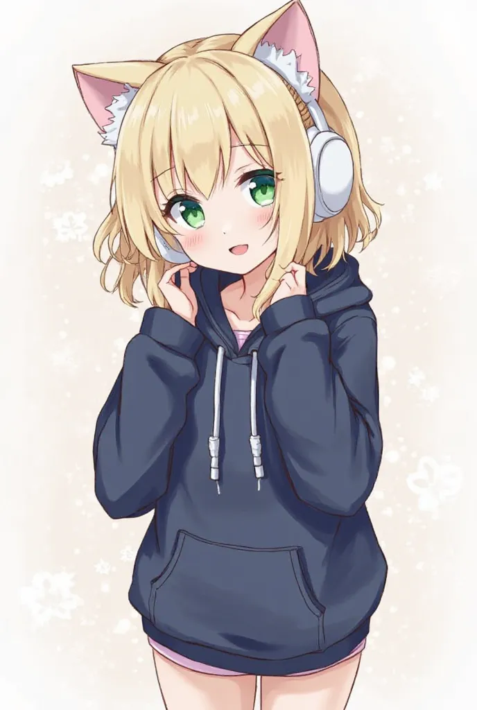 1 girl, beige hair color、Anime-style images、navy blue hoodie、I want you to wear a hood、The hood is cat ear shaped、 white headphones、much shorter and curled、 emerald green eyes 、white sneakers、The length of the hair is slightly below the shoulders