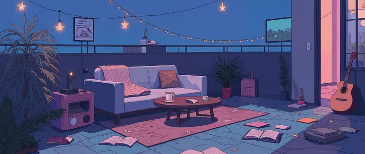 Rooftop at night、nighttime scene、outside of house、with no people、Calm and meditative atmosphere、houseplant、Lo-fi atmosphere、String Light、Cozy sofa、Pink radio with retro design、Hot coffee on the coffee table、Warm blanket、Scattered books、There is an acoustic...
