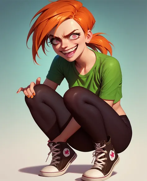 Vicky, green crop-top, black leggings, orange hair, black converse, crazy expression 