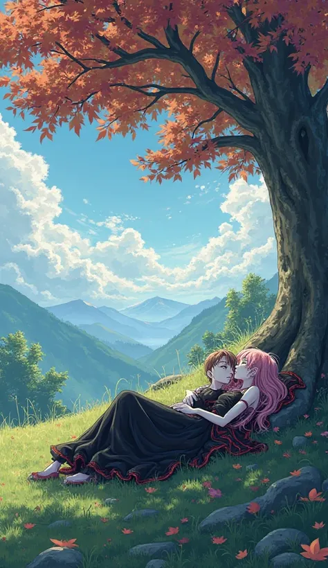 Two gothic anime people lying on a mountain lawn under a tree with leaves of many colors watching the beautiful sky full of fantasy 