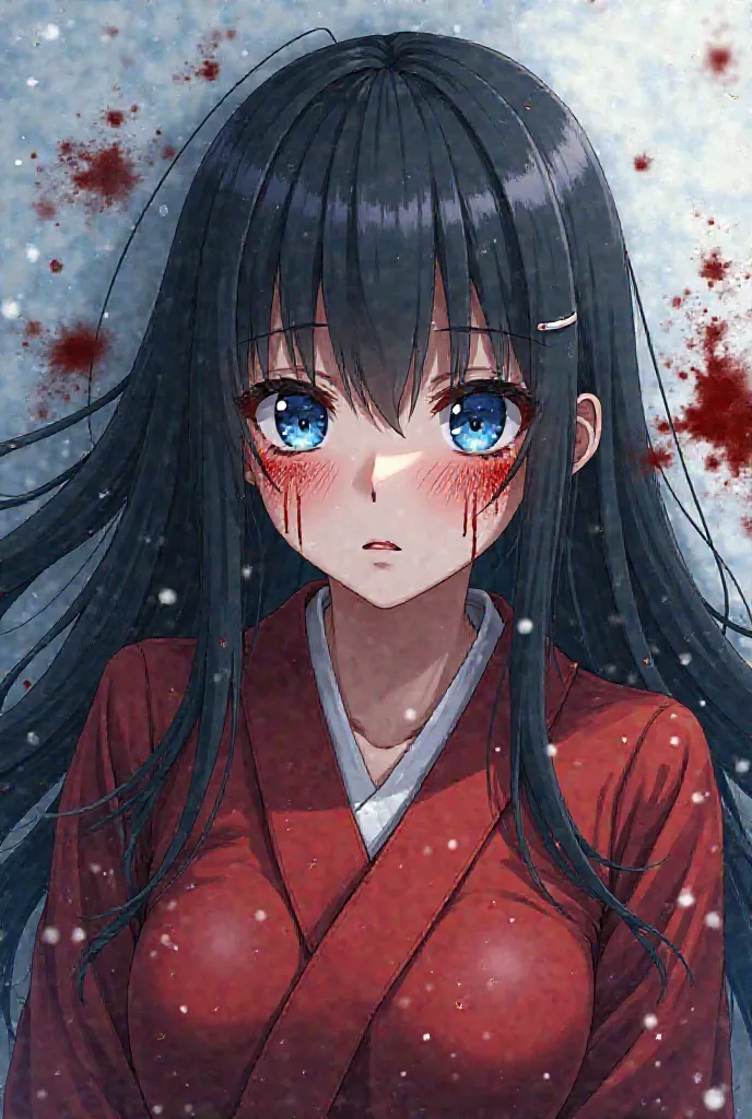 Anime girl long straight black hair with bangs very nice round blue eyes, dressed in a red kimono she is in blood lying in the snow crying , And her clothes have blood and veins sticking out of her face 