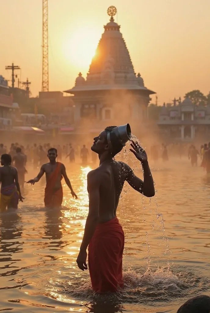 A devotee standing near a river at sunrise, pouring water over their head as part of a purification ritual before visiting a Shiva temple. In the background, a grand Shiva temple stands with bells ringing softly, and other devotees in traditional attire ar...