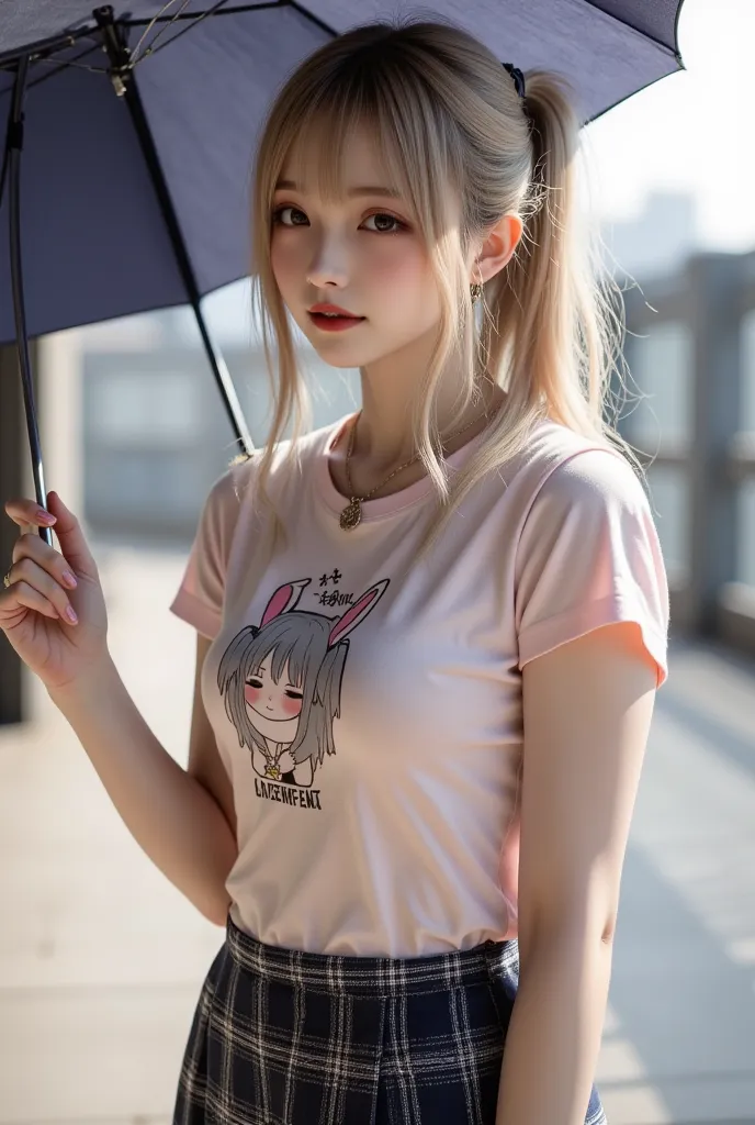  super realistic, Realistic,  Dramatic Scene ,  Shadow , Full-area lighting, alone,  1 woman with an umbrella\( age japanese gothic girl ,  jiraikei fragile japanese girl ,   is very beautiful， Very Cute Face  , Big Breasts, Slim Waist,  Blonde Ponytail , ...