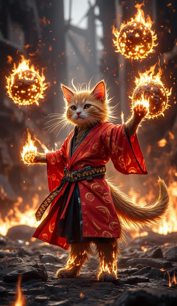 A fiery kitten as a pyromancer, wearing flame-resistant robes with ember patterns, conjuring massive fireballs in its hands, standing amidst burning ruins, intense heat waves visible, apocalyptic fantasy theme, bold reds and oranges