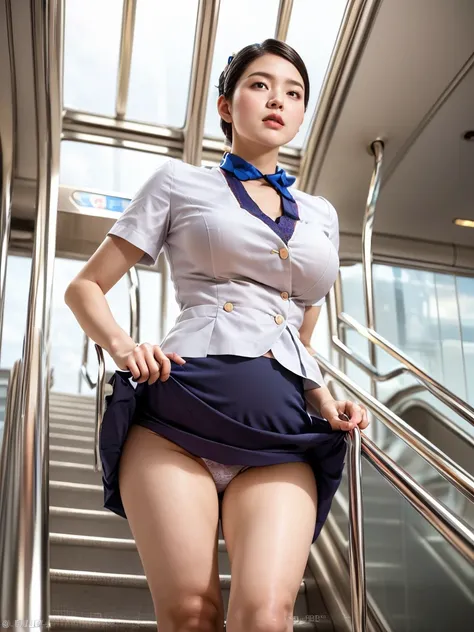 ((Highest quality、8k、masterpiece：1.3))、((cabin attendant 1.5))、((Flight Attendant 1.5))、sharp concentration：1.2、 ((J-cup beautiful big breasts 1.3))、((Bare legs))、1 beautiful woman with perfect style ：1.4、 slim abs：1.2、(( long brown hair 、straight hair、 po...