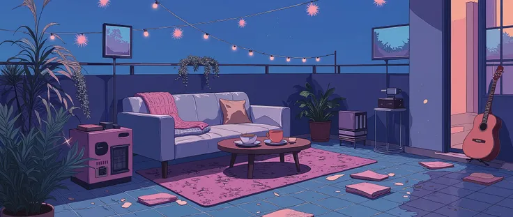 Rooftop at night、nighttime scene、outside of house、with no people、Calm and meditative atmosphere、houseplant、Lo-fi atmosphere、String Light、Cozy sofa、Pink radio with retro design、Hot coffee on the coffee table、Warm blanket、Scattered books、There is an acoustic...