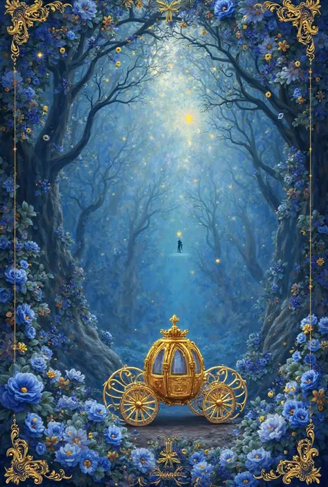 A background for a contematic invitation from Cinderella for XV with blue and gold flowers, Cinderella's carriage in gold and a shadow princess