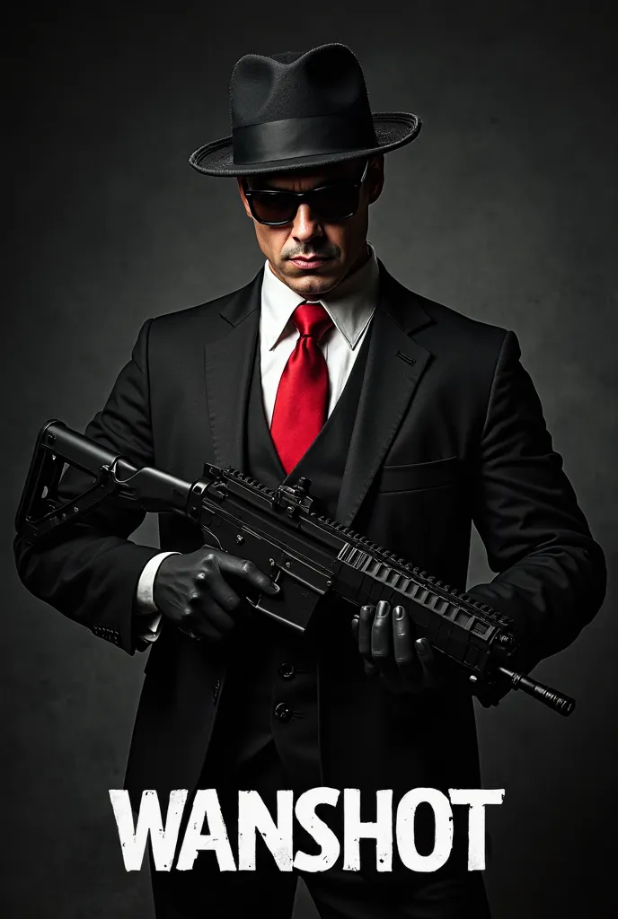 "A mafia-style character,  wearing an elegant black suit ,  white shirt and red tie . He wears a gangster hat and dark glasses, with a serious and mysterious expression. He is holding an assault rifle with both hands, in a position ready to shoot.  The bac...