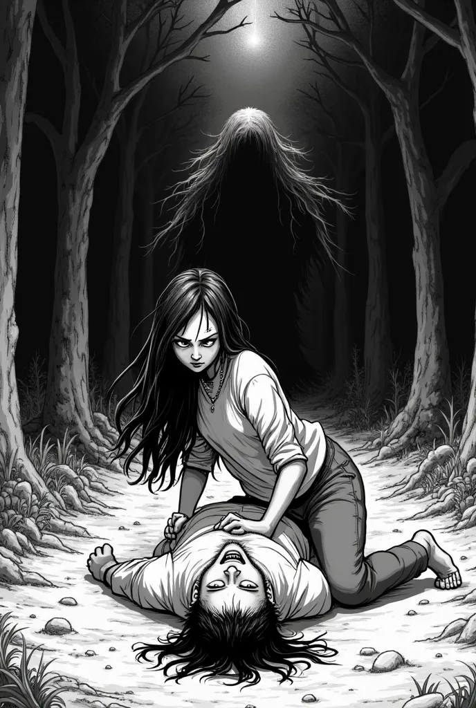 manga scene,  Black and white, long-haired woman with knees bent on the dirt floor, wearing pants and blouse,  with black body veins , looking forward in anger and pain crying, Protecting a lying down man,  wounded,  forest, dark power, anime style, action...