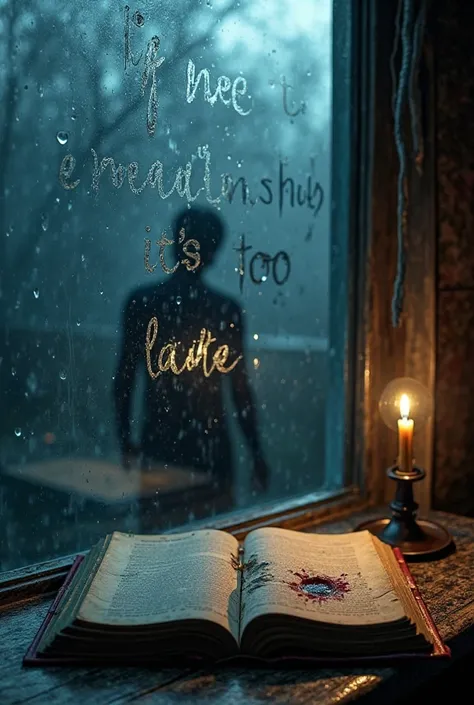 ** General scene :**  
a ventana empañada por la lluvia en una noche oscura. on the glass, someone has written the phrase **"If you read this,  it's too late "**, which is blurred by steam and water droplets flowing.  

** Background and atmosphere :**  
B...