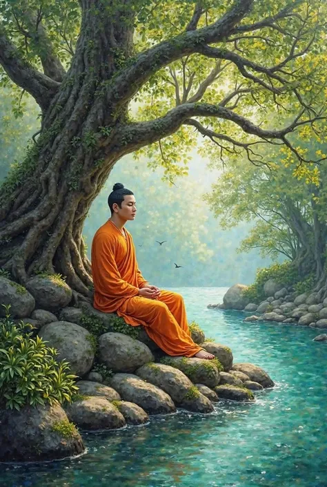 Handmade paining of Buddha in orange dress sitting  on rock under banyan tree and its roots touching river and green bright water river, rocks, bush 