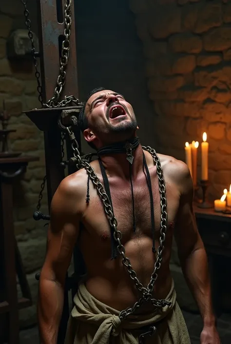 A chilling medieval torture chamber during the Inquisition. A man is locked in agony, wearing ragged clothes and covered in sweat, with the brutal 'Heretic’s Fork' clamped between his neck and jawline. The small, cruel metal device has two sharp, piercing ...