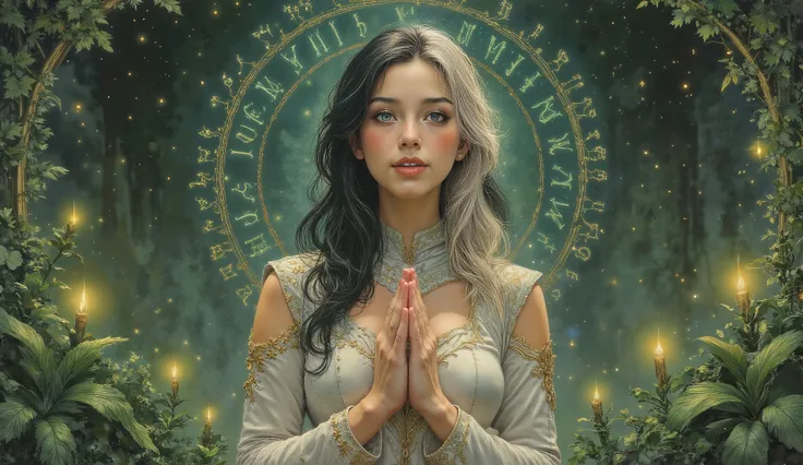 A beautiful anime-style girl with heterochromatic eyes (green and blue), long two-toned hair (white and black) with green highlights, surrounded by lush green foliage and mystical symbols. She wears an elegant fantasy-inspired outfit with gold and green ac...