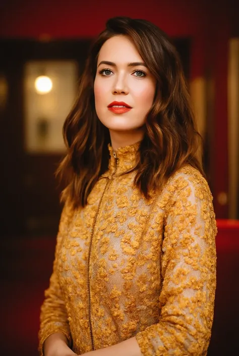 best quality, highres, 8k, masterpiece, photography, detailed midbody photorealistic portrait. Mandy Moore's dress is a contemporary cheongsam/qipao in a rich gold satin with crimson accents. The design features a high, standing collar and full-length slee...