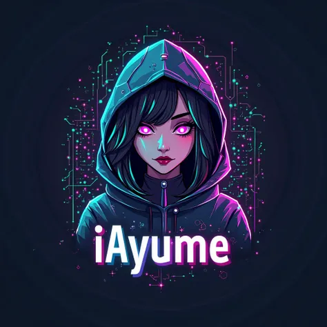 "Create a modern and intriguing logo for a YouTube channel called 'iAyume', focusing on Artificial Intelligence and entertainment.  The logo must include :

A stylized woman wearing a hood, with a futuristic and mysterious look. It may have technological d...