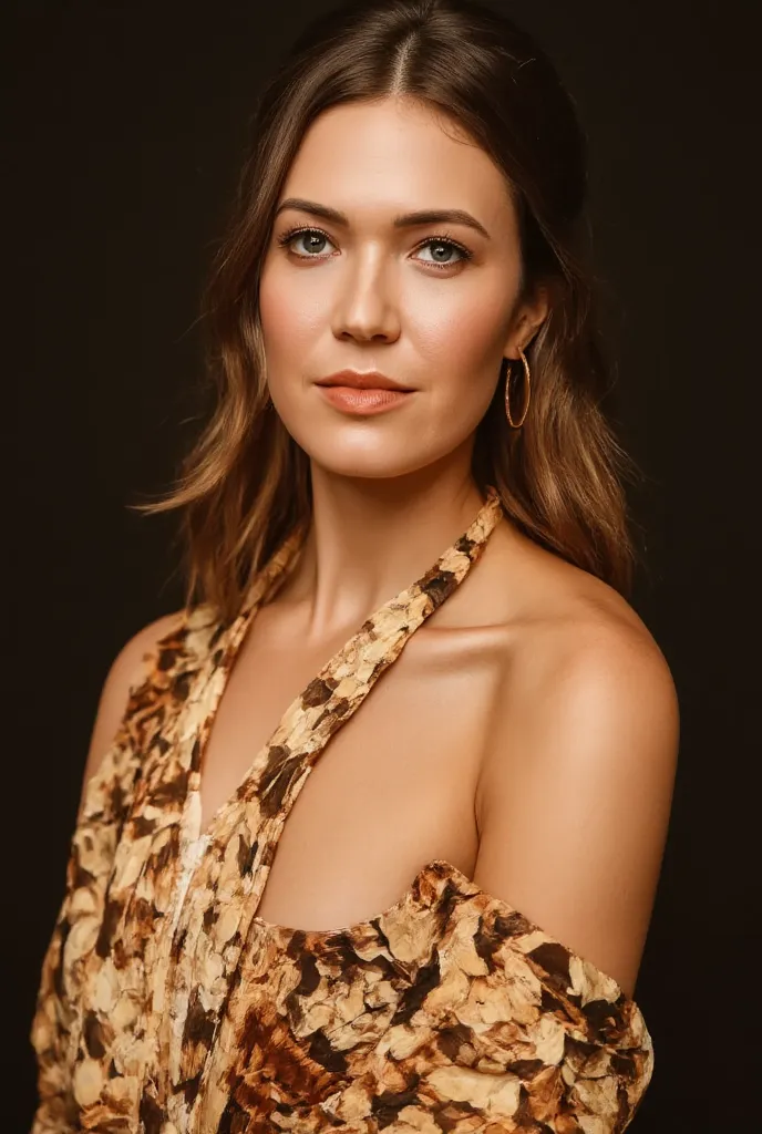 best quality, highres, 8k, masterpiece, photography, detailed midbody photorealistic portrait. Mandy Moore's dress is a contemporary cheongsam/qipao in a rich gold satin with crimson accents. The design features a high, standing collar and full-length slee...