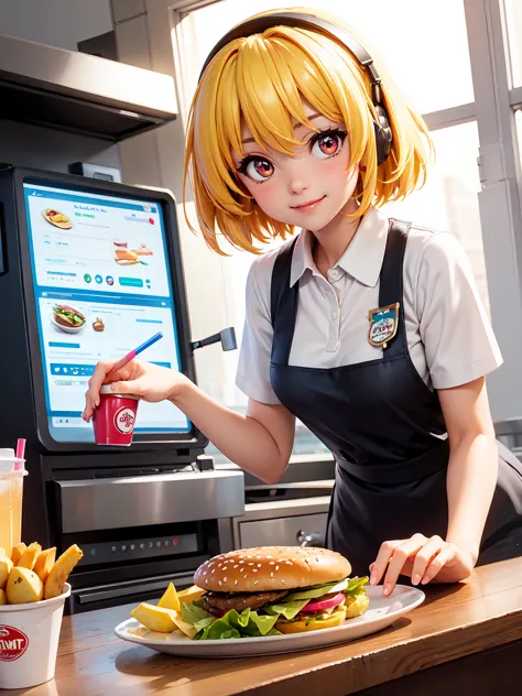 Satoko Hojo, One Girl,  (Yellow Hair), Blonde, Red eyes, short hair,  Small breasts, ,  alone, uniform, cap, apron,  Name tag, Polo shirt, headset, counter, register, Menu Signage, tray, Flyer, Drink dispenser, hamburger, potato, drink, straw, napkin, smil...