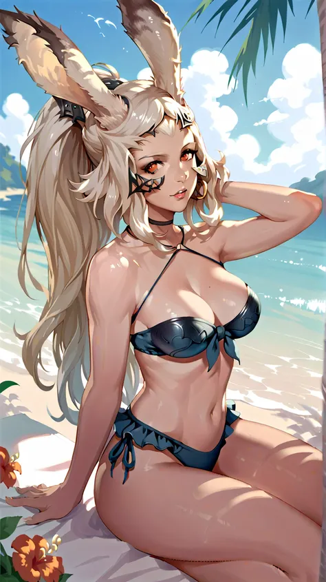 Fran (final fantasy) in a bikini on the beach, Final Fantasy style, Viera race. 