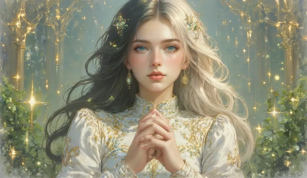 A beautiful anime-style girl with heterochromatic eyes (green and blue), long two-toned hair (white and black) with green highlights, surrounded by lush green foliage and mystical symbols. She wears an elegant fantasy-inspired outfit with gold and green ac...