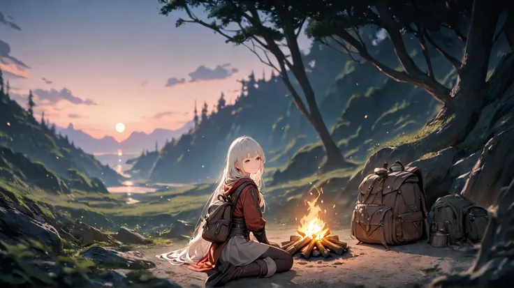  huge _very high resolution, high resolution,  masterpiece, recent, 1 female,  long hair, white hair, light smile, Medieval Adventurer Outfit, 1 man, short hair,  red hair,  soft_light,  blurry , sit on the floor, sunset, Mystic Glade, Backpack, Small camp...