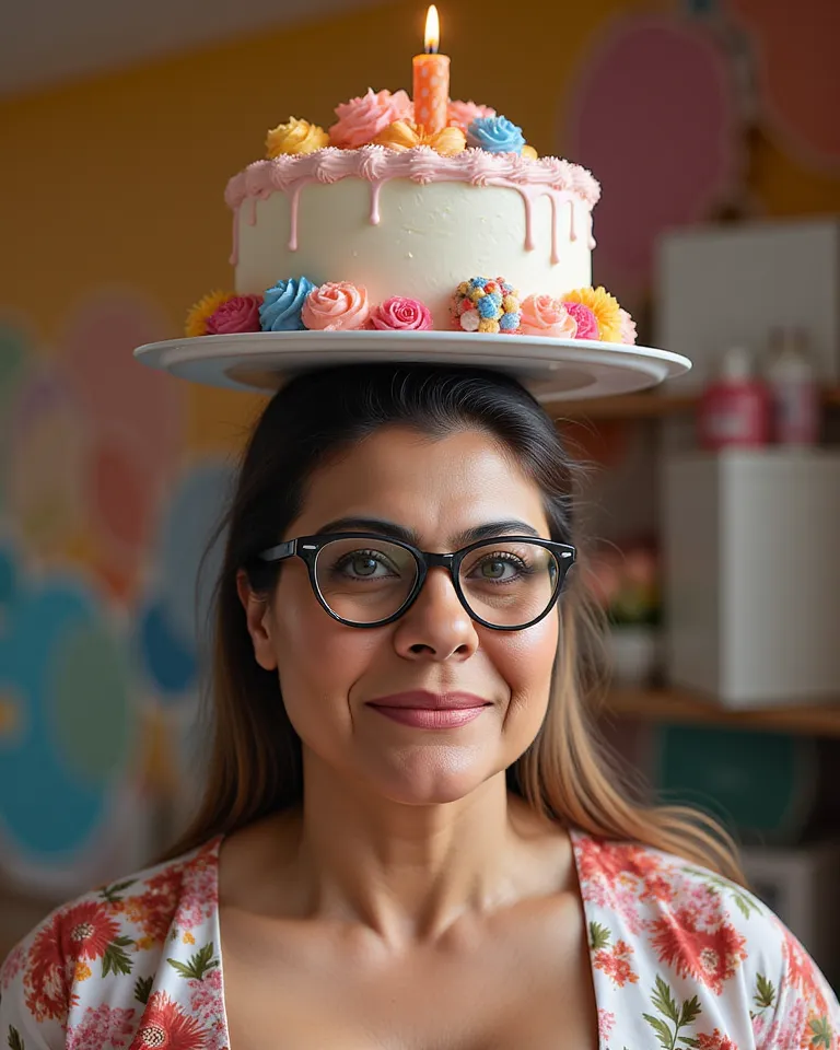 Heavy figure woman with glasses. Birthday cake on the head, 55 ultra realistic,  detailed, 4K, creative colorful