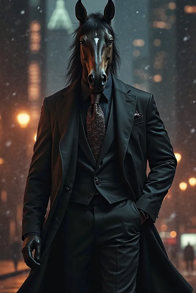 Imagine a unique character: a horse-man, a mythical creature that combines the elegance of a human being with the majesty of a horse. This being wears a perfectly tailored black suit that highlights his athletic figure, along with an elegant tie that adds ...