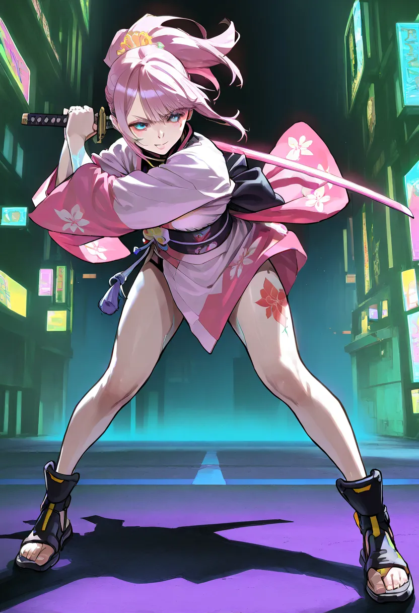 A cyberpunk samurai holding a Japanese sword, Majo_PS, dynamic pose, fighting against 2 shadow enemies 、2 shadow robots, ponytail、pink hair、 Japanese cyberpunk kimono、 perfect face 、perfect eyes, Masterpiece, anatomically accurate , top quality, textured s...