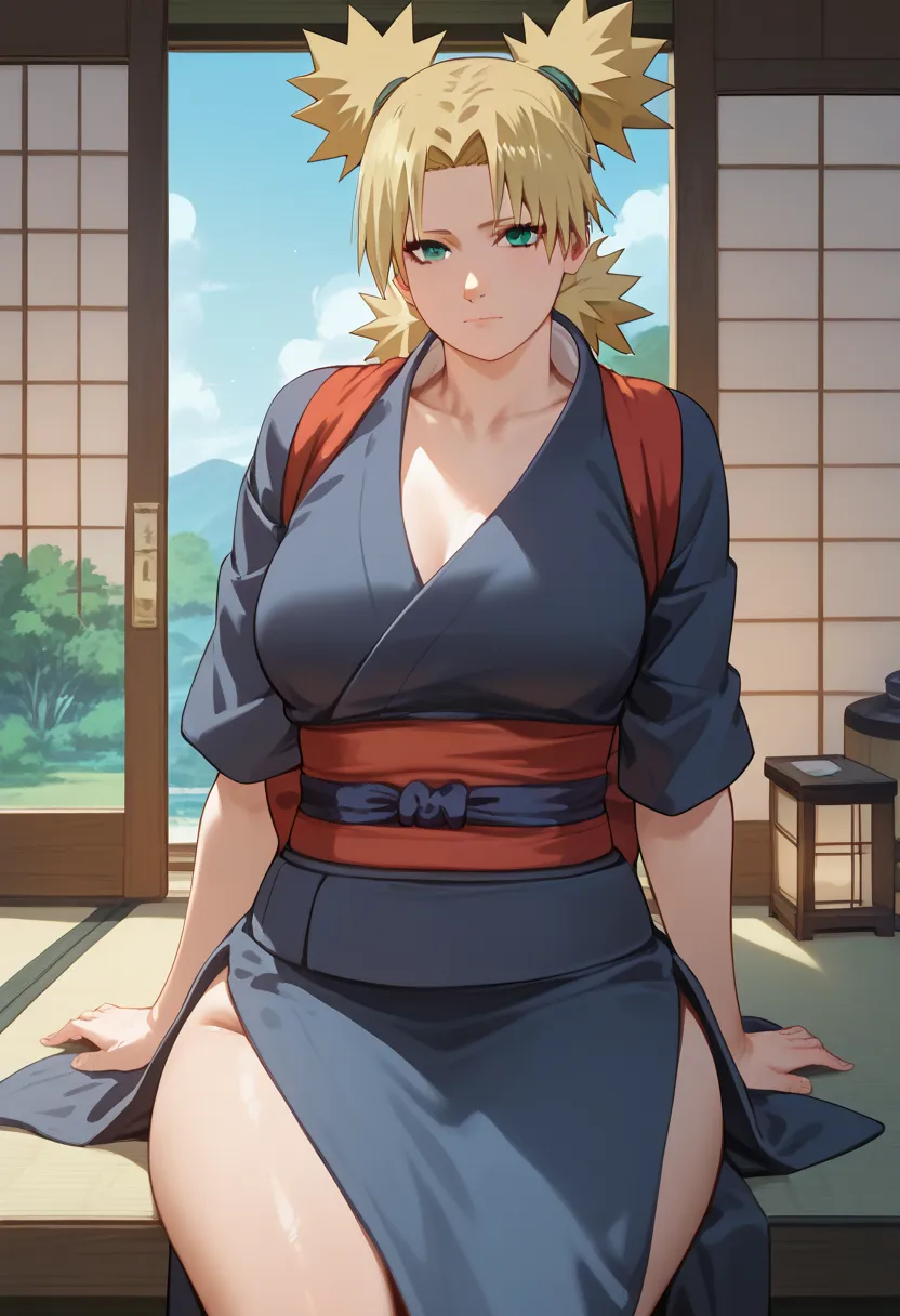 score_9, score_8_up, score_7_up, BREAK source_anime  temariSDXL, 1girl, solo, mother, milf, 40yo, temari nara,  (boruto anime) looking at viewer, large breasts, big ass, big hips, blonde hair, four pigtails, closed mouth, blue green eyes, japanese clothes,...