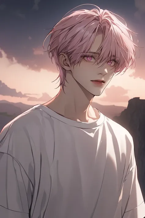 ( masterpiece, ultra high definition, top quality, Clear focus,  Shadow, Anime Style, Ultra High Resolution, 8k, perfect anatomy, perfect face, (1male), (Detailed eyes), an Anime Style young male with light pink hair, With bright pink eyes,  suggests a dar...