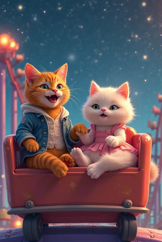 "A stylish orange tabby cat, now dressed in a cool casual jacket, enjoys a fun-filled date with his adorable girlfriend—a fluffy white cat in a cute pink dress. They laugh as they sit together on a colorful roller coaster, holding paws. The ride begins to ...