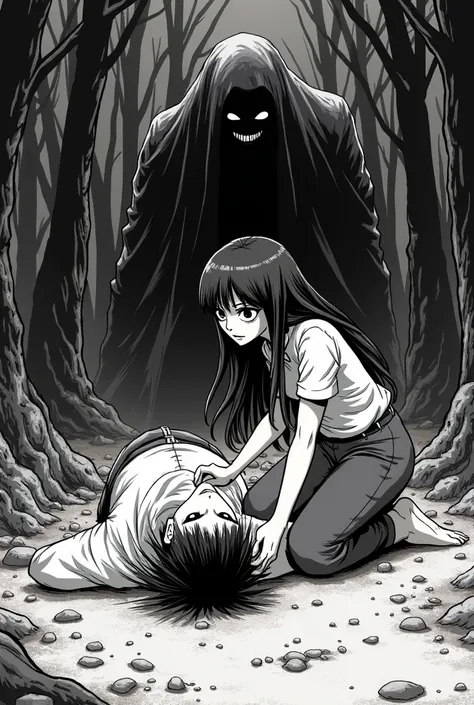 manga scene,  Black and white, long-haired woman with knees bent on the dirt floor, wearing pants and blouse,  with black body veins , looking forward in anger and pain crying, Protecting a lying down man,  wounded,  forest, dark power, anime style, action...