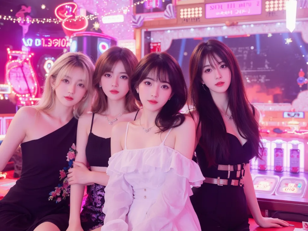 create a banner , with neon casino backgound with pink and purple color elements, In the style of the light bulb and there are female Korean idols