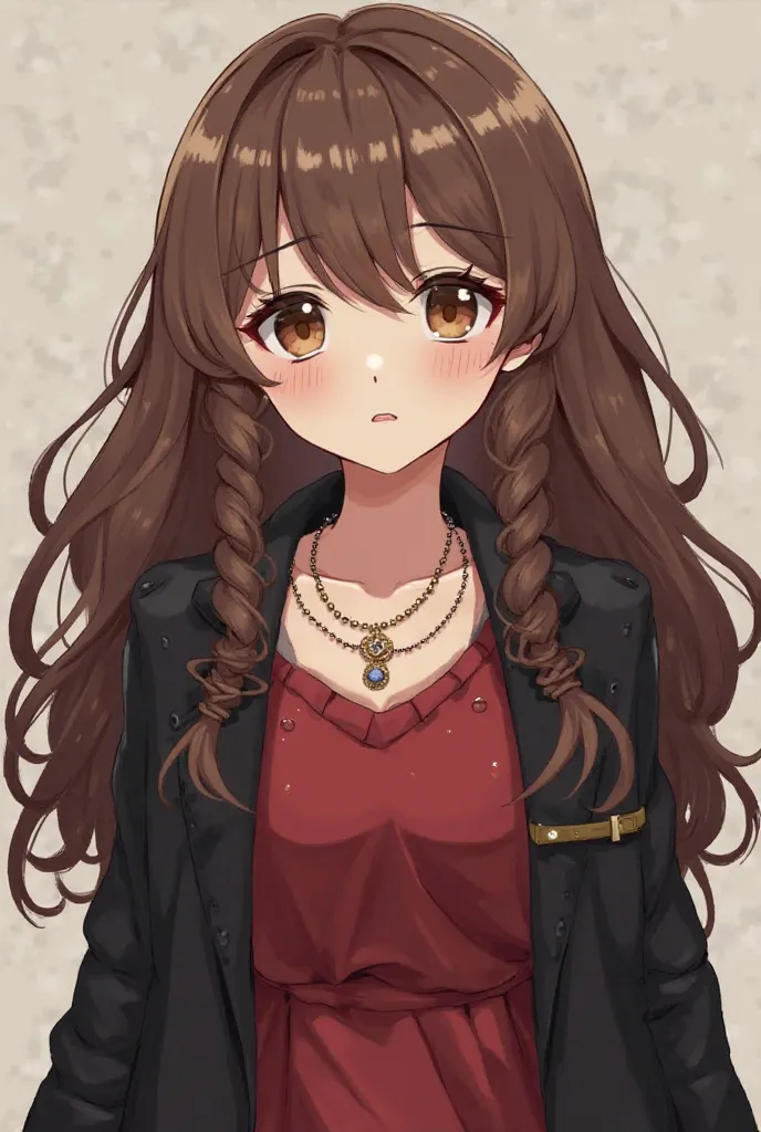 creates an anime image of a  age girl. Long hair layered with curlers, brown color. brown eyes. A moon pendant and a sun ring. Dressed in a red dress and a black trench coat. Her eyes are a little tired but she looks pretty. Thin lips and neutral color, Ne...