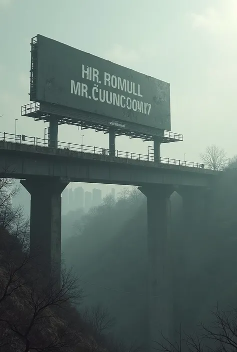 Create a realistic image of the phrase 'There isno rewind button in prison' written in a billboard that in thats over a bridge 