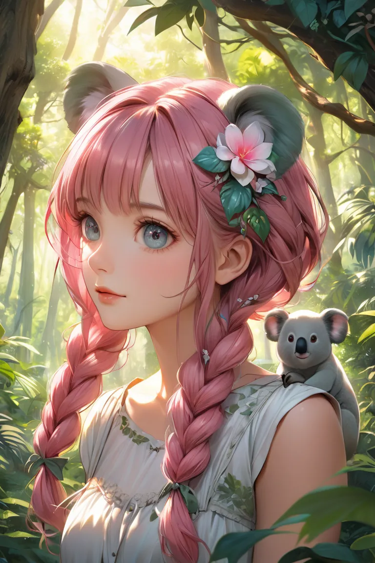 woman　Koala ears　 has pink hair　 braids