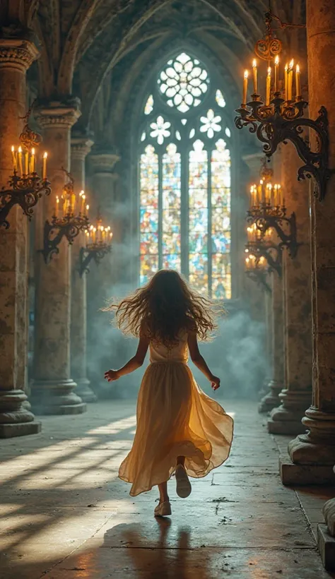 A young girl with flowing hair is running through the grand halls of an enormous, mystical vintage castle. She wears an elegant, flowing gown made of silky fabric that billows as she moves. The castle is vast, with towering stone walls adorned with intrica...