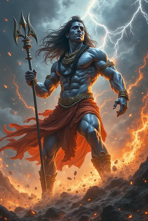 Create a dynamic and intense image of Lord Shiva in a warrior stance, wielding his trident (Trishul) as he battles cosmic forces. His body is surrounded by swirling energy, with divine fire and lightning crackling around him. His eyes with a fierce intensi...