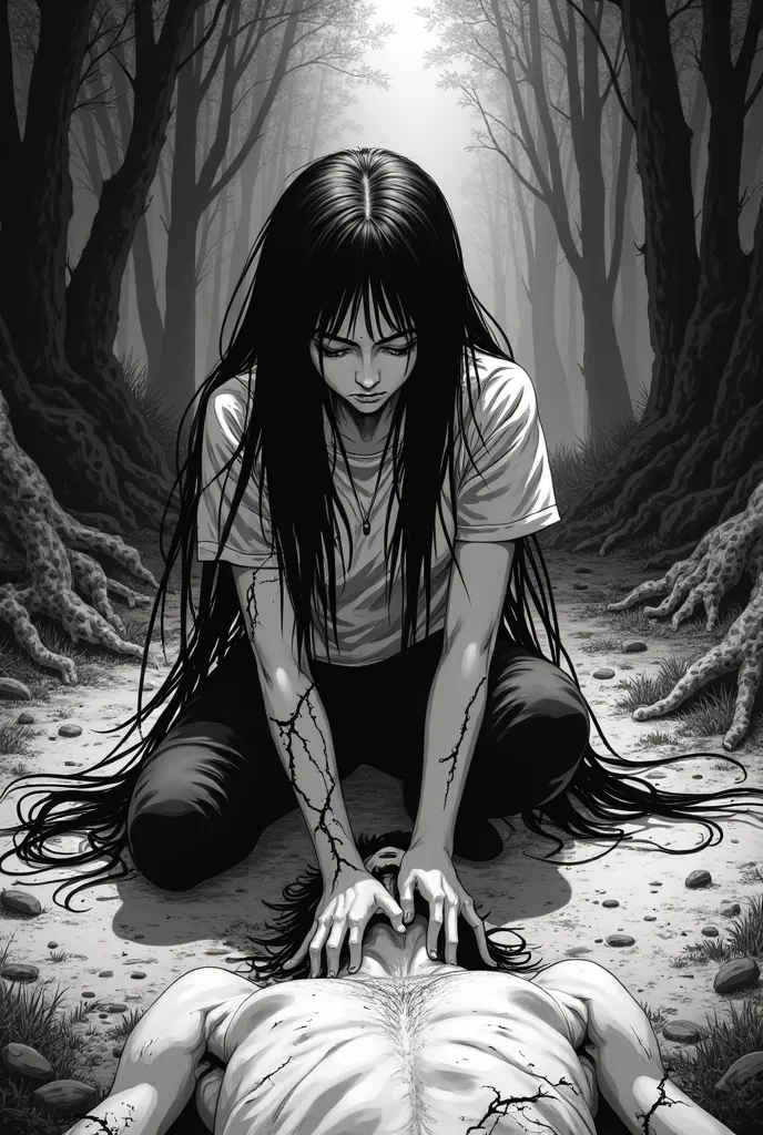 manga scene,  Black and white, long-haired woman with knees bent on the dirt floor, wearing pants and blouse,with black body veins ,looking forward in anger and pain,  crying, Protecting a lying down man, wounded,  forest, dark power, anime style, action 