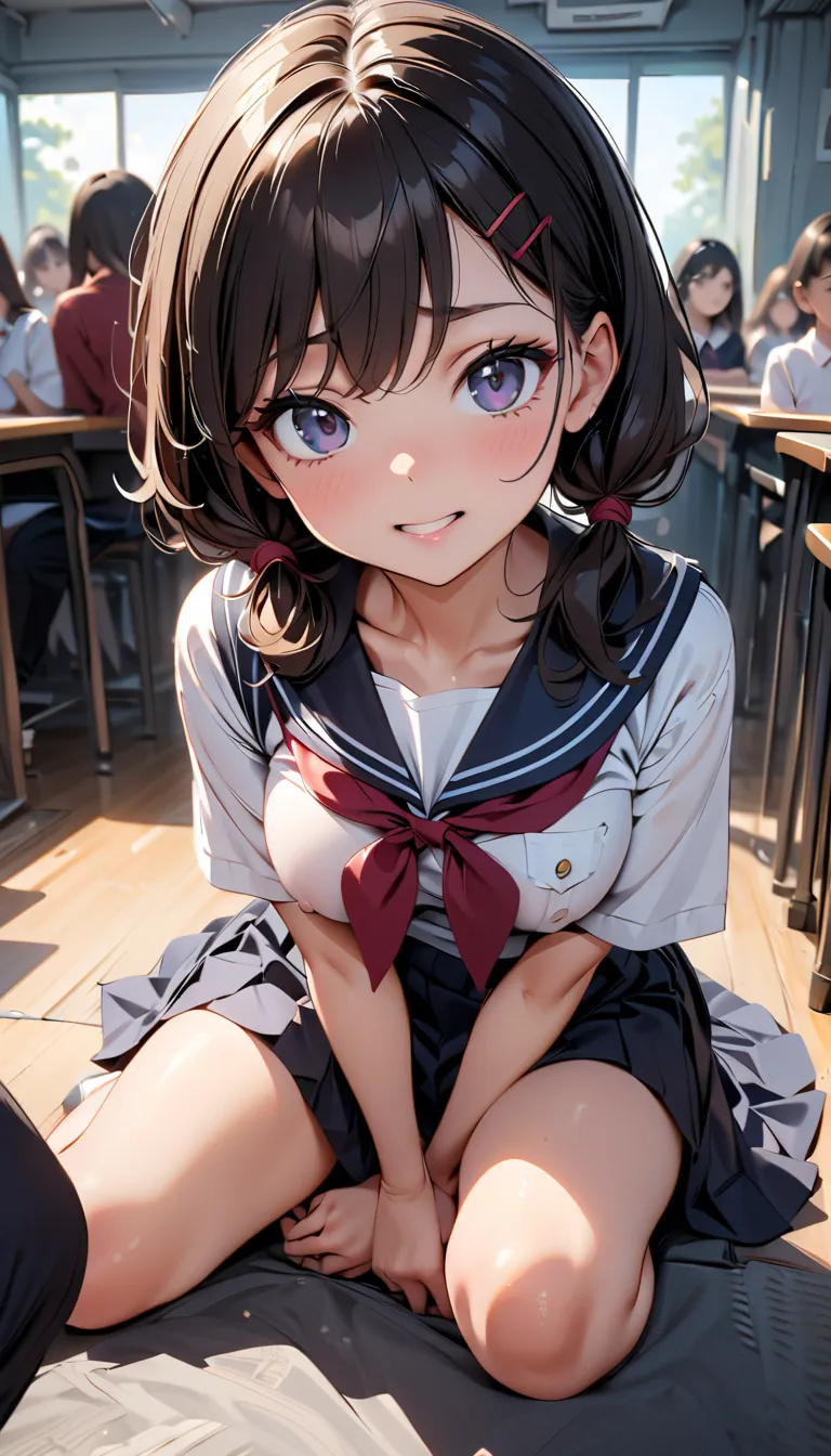 nsfw:1.5，Commemorative photo of a girl , 1 person,   black hair, shortcuts, hair clip, 1,SMALLE BREASTS， school uniform,  sailor suit, classroom:1.2, , Looking up shyly at the audience:1, The little mouth is open,  light and shadow with great attention to ...