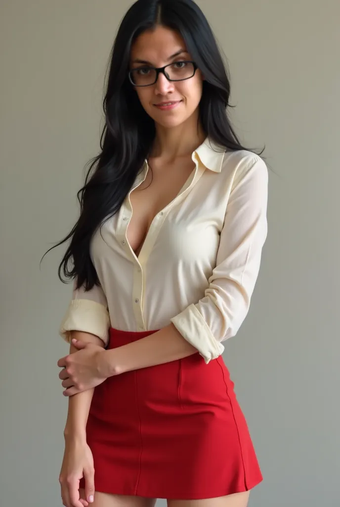 a beautiful, very thin woman with small, round breasts, (((slim body))),  Pleasant smile, micro skirt red ,  you can see her beautiful full legs,  with sandals on their beautiful feet, upskirt, long straight black hair,  realistic front view shirt, looking...