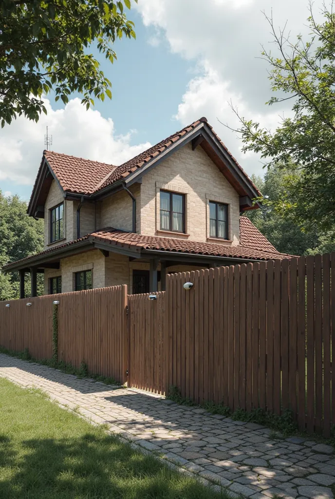 The fence around the house is made of brown cement, 2 meters high, with 5 CCTV cameras installed.