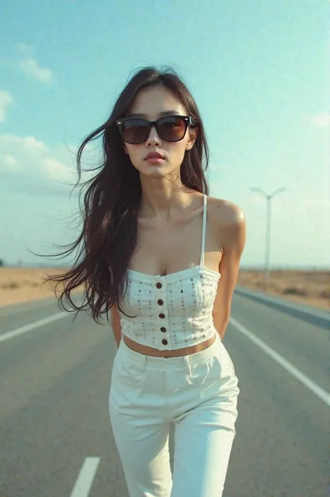 Beautiful Long Haired Korean Girl Wearing White Three Hole White Elastic Pants Wearing Sunglasses Is Launching Car On Highway 