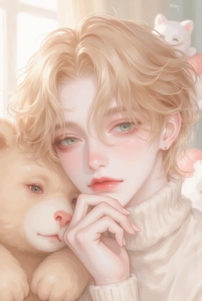 A cute anime boy with short, wavy blond hair and big emerald-green eyes that sparkle with warmth. He wears a soft cream-colored turtleneck sweater. His head rests gently on a large teddy bear, and the background shows a pastel-themed room filled with soft ...