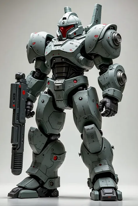 Muscular mecha warlordt in powerful mecha armor, helmet, details, very wide waist, spartan inspired helmet, Masterpiece , full-length, holds a huge cyber shotgun, The left hand is double size and inspired in the fist of Hellboy character , Masterpiece , fu...