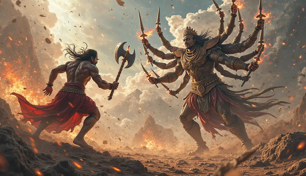 A verry clear 4k ultra HD dynamic image on' Epic Battle with Sahasrabahu:
"Illustrate an intense and chaotic combat scene between Parshuram(ax) and Sahasrabahu,(which has a thousand arms) the fearsome Kshatriya king with a thousand arms. Both combatants ar...