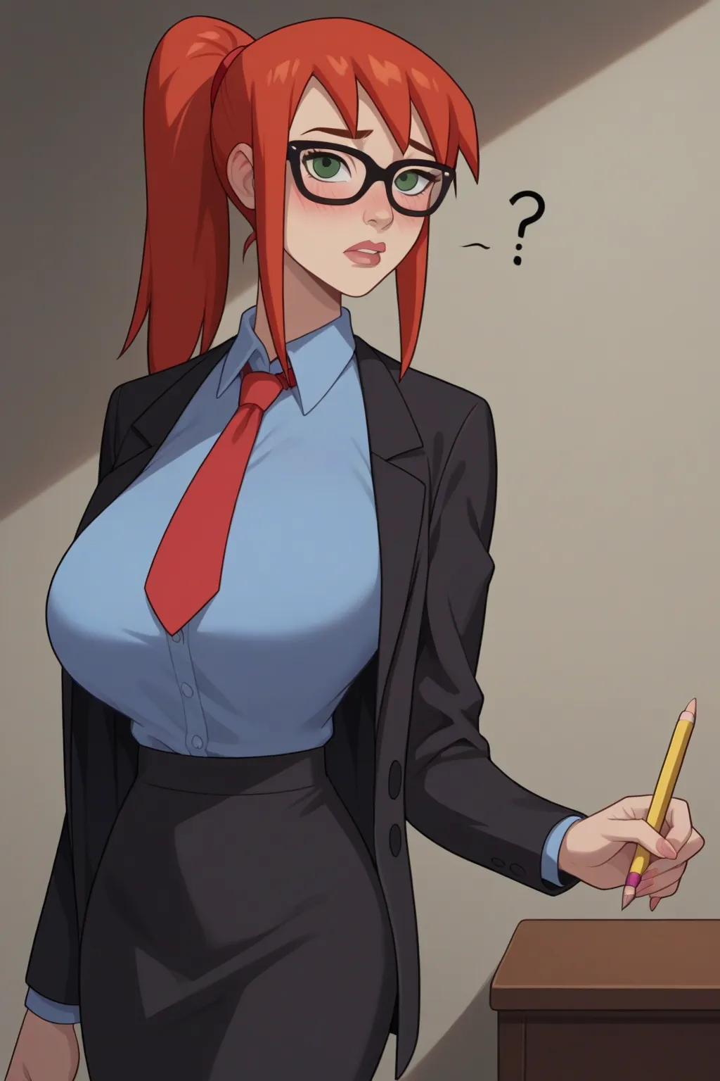 2D, source_cartoon, score_9, score_8_up, score_7_up, score_6_up, score_5_up, score_4_up, BREAK, 1 girl, Mary Jane, alone, Marvel, ponytail, confused look on her face, blushing, blue shirt, open shirt, shirt with long sleeves, suit, black suit, red tie, ski...