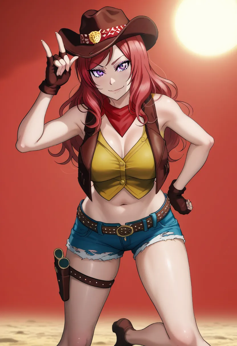 Female, red hair, Nishikino Maki, RUKIA style, purple eyes, cowgirl, red hair, long wavy hair, purple eyes, seductive gaze, confident expression, smirking, flushed cheeks, looking at viewer, revealing outfit, white off-shoulder crop top, open buttons, shor...